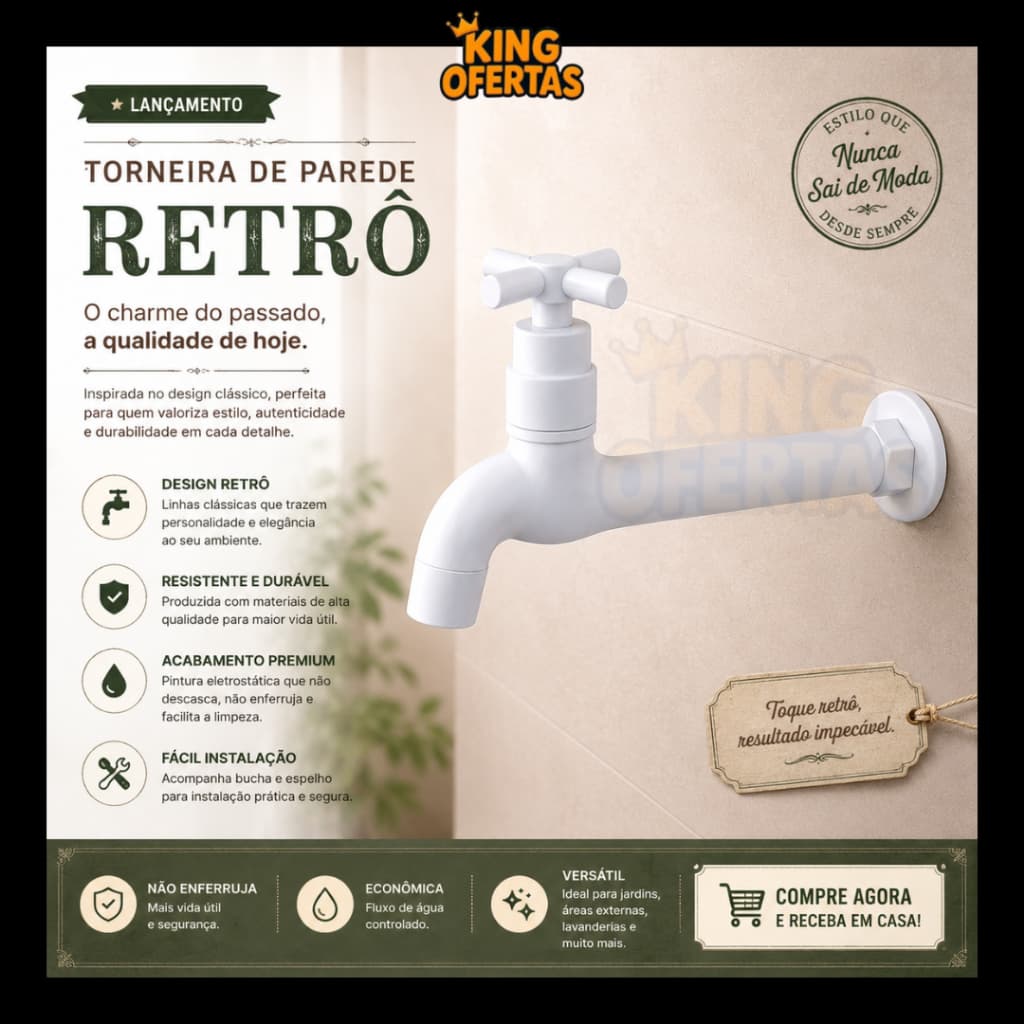 Torneira Branca Retro 20cm em ABS Pia Tanque Jardim Bico Arejador