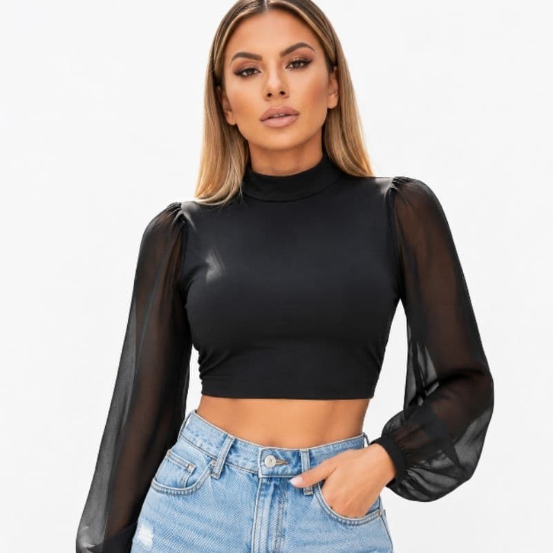 Cropped Feminino Manga Tule Transparente Gola Alta Elegante Moda Feminina