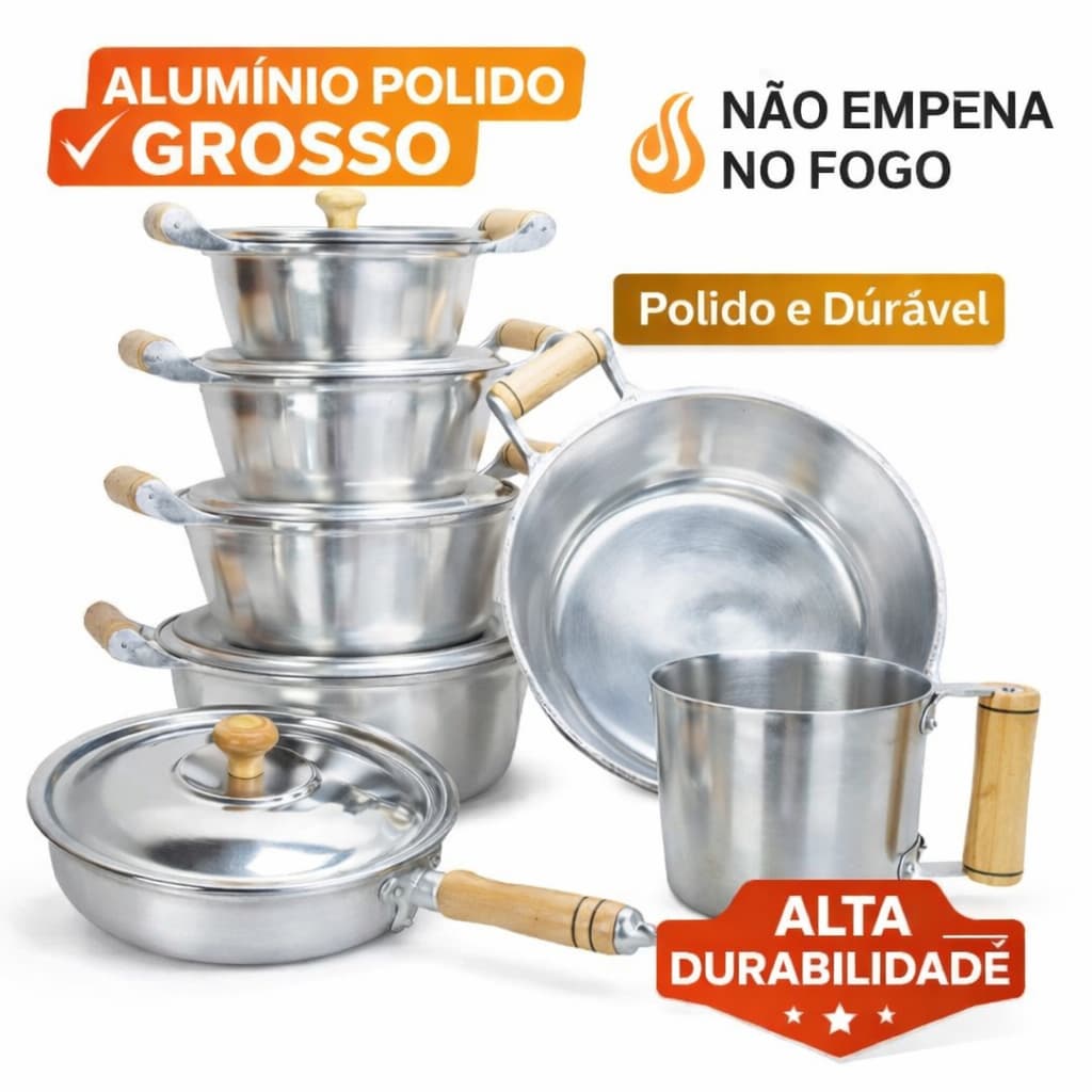 Conjunto de Panelas de Aluminio Batido Polido Fundido 14 a 22cm Canecão 12cm Frigideira 20cm