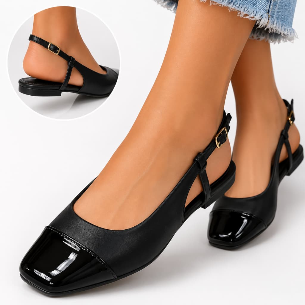 Sapatilha Feminina Slingback Preta Bico Quadrado Elegante Confortável