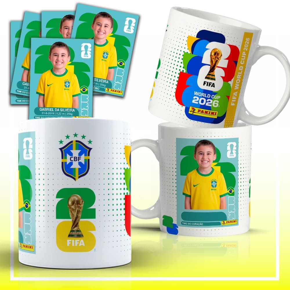 Caneca Personalizada Copa do Mundo COM FOTO ( Porcelana ou Plástico ) + 2 figurinhas