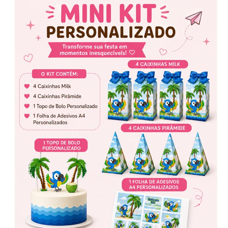 Mini Kit festa em casa Personalizados 10 Peças VÁRIOS TEMAS |4 Mini Milk + 4 Mini Pirâmides + Topo de Bolo + Adesivos A4