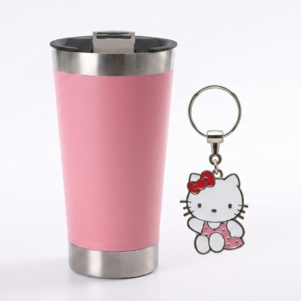 Copo Térmico de Aço Inoxidável Rosa Aesthetic Com Chaveiro Gatinha Exclusivo
