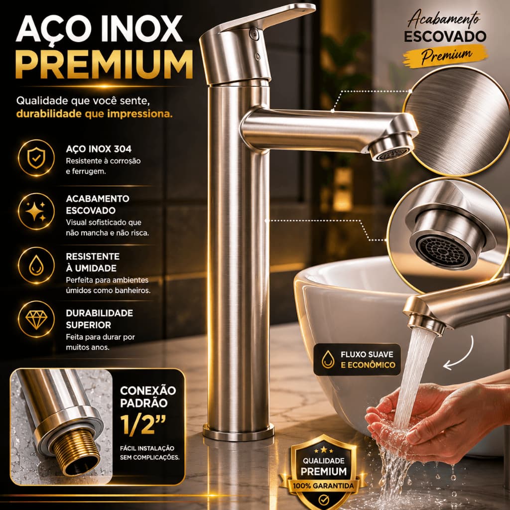 Torneira Para Banheiro Inox Escovada Bica Alta Monocomando Lavatório Moderna Luxo