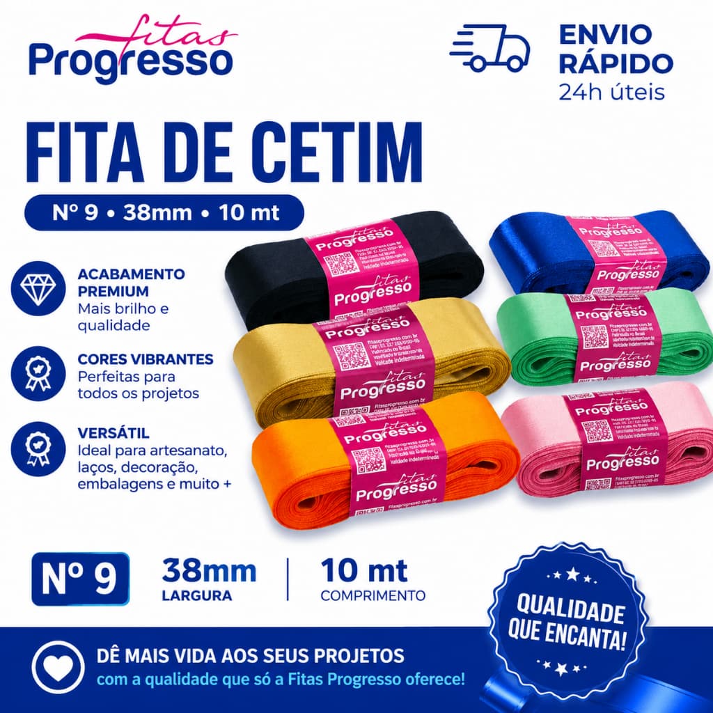 Fita Cetim Progresso Nº9 38mm 10 Metros Laços, Artesanato, Decoração