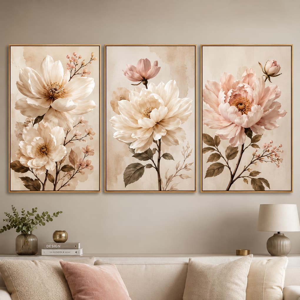 Quadro Decorativo Floral 3 Peças Flores Elegante para Sala Quarto Decoração Luxo Moderna