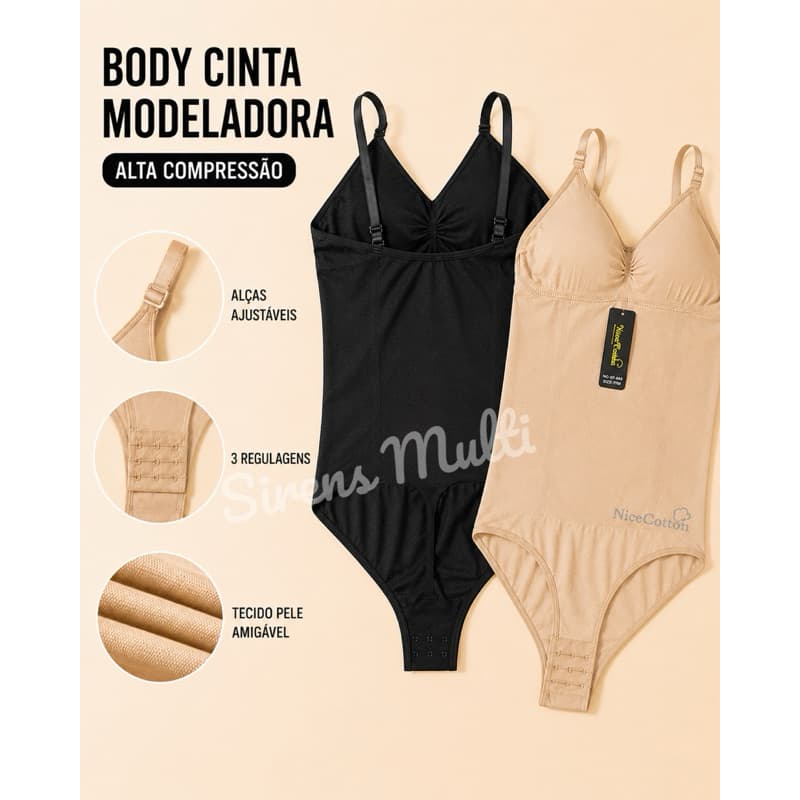 Body Cinta Premium Modelador Alta Compressão Bojo Removível Redutor Medidas Cintura com Regulagem
