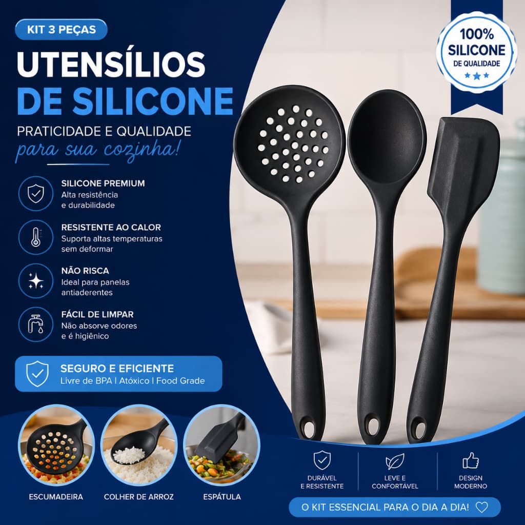 Kit Cozinha Silicone Profissional 3 Peças Resistente ao Calor