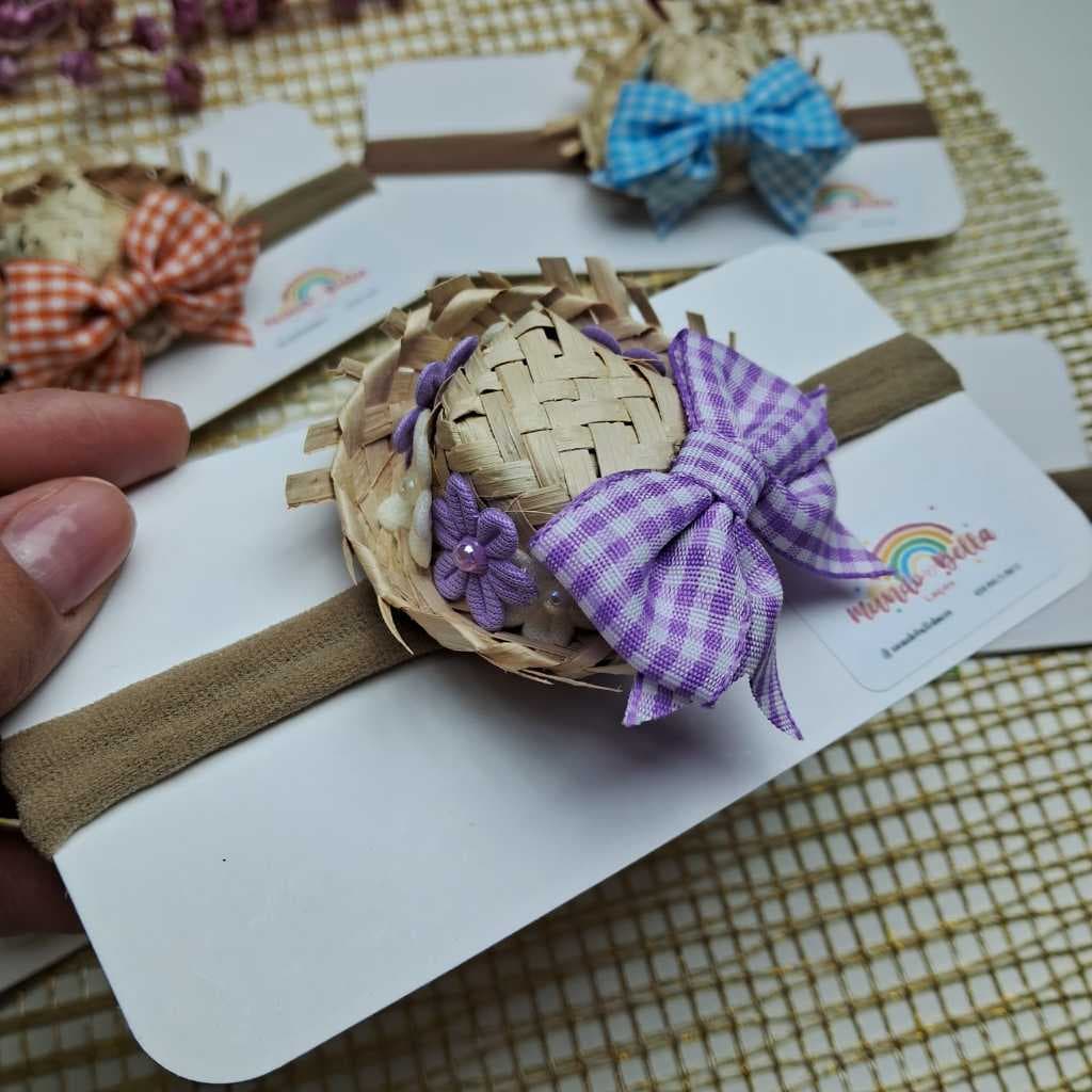 Faixinha Festa Junina Bebê Menina Mini Chapéu de Palha Laço Xadrez São João
