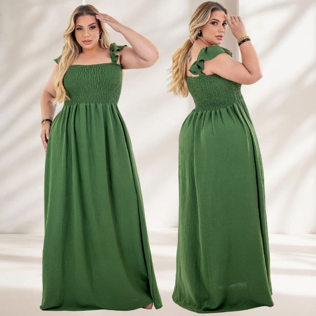 Vestido Bia Plus Size Longo Feminino Casual Elegante Alça Babado Busto Lastex Caimento Leve Moda Maior Sofisticado.