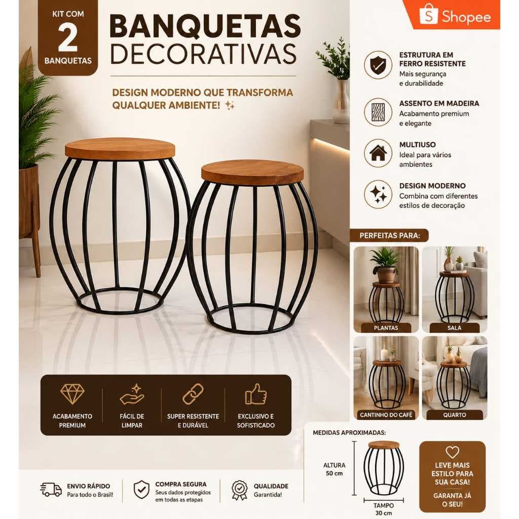 Kit com 2 Banco Barril Rustico Para Área De Lazer Ferro E Madeira