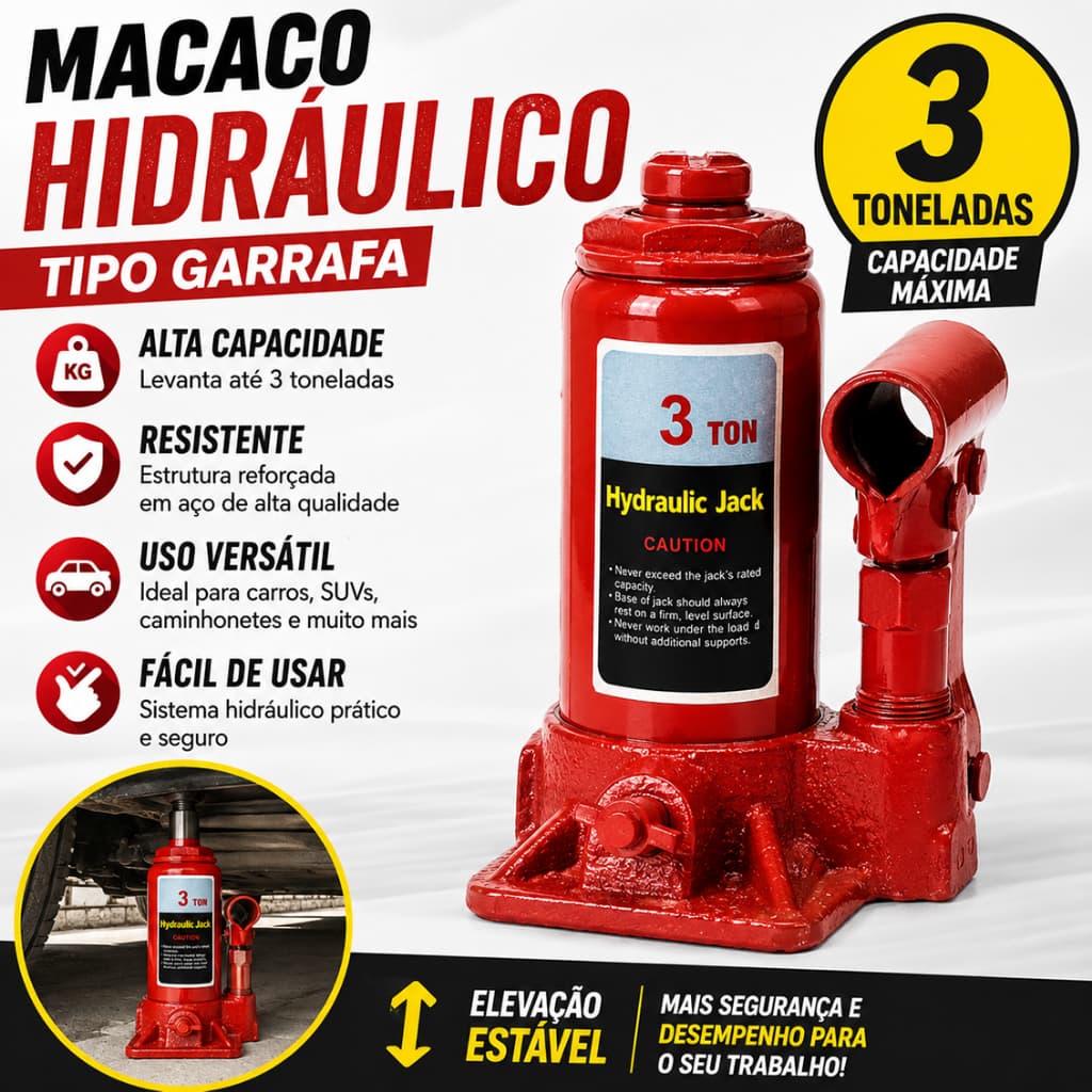 Macaco Hidráulico Tipo Garrafa 3 Toneladas