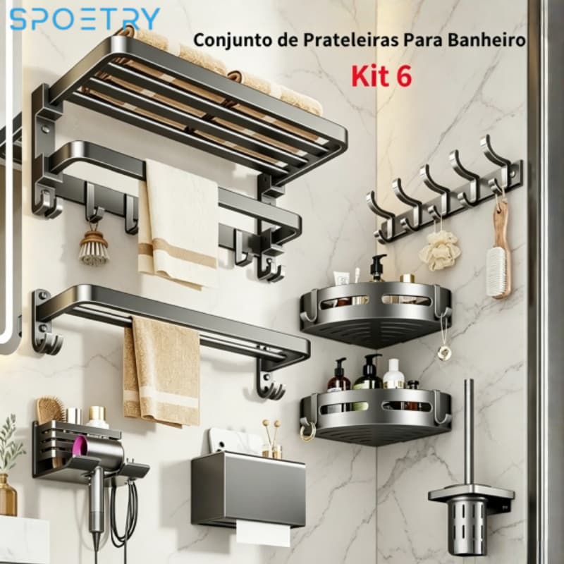 Kit 6 Banheiro Prateleira Porta Shampoo Toalheiro De Banheiro Parede De Alumínio Suporte Organizador Multiuso