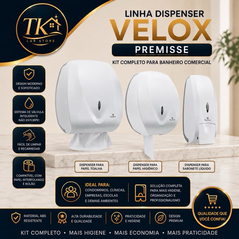 Dispenser Banheiro , Porta Papel Toalha Interfolha, Saboneteira c/ res 800ml,  Higienico rolão 500mts  / Velox Premisse