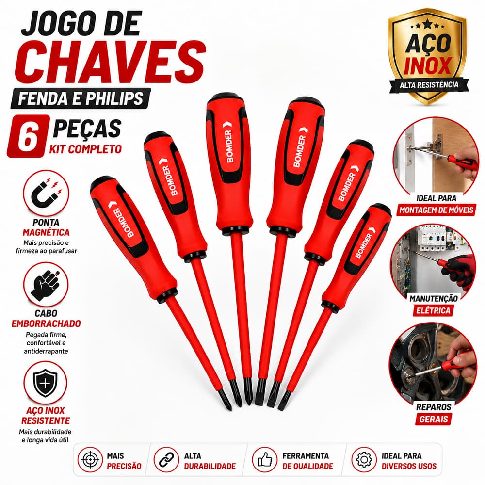 Jogo Chaves de Fenda Philips 6 Peças Ponta Magnética Aço Inox Cabo Emborrachado