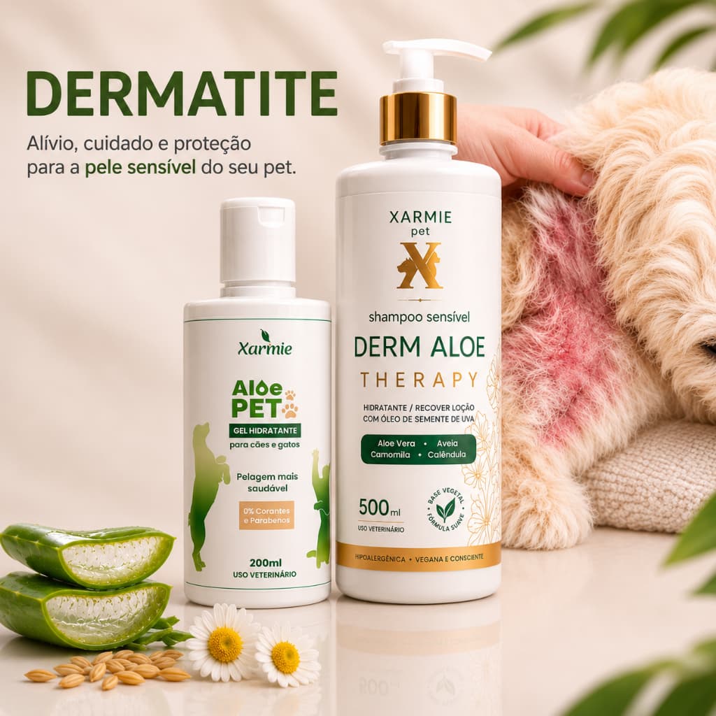 Kit Aloe Pet Babosa gel Natural de Alergias e Coceiras Para Cães 200g + Shampoo Pet Derm Aloe 500g