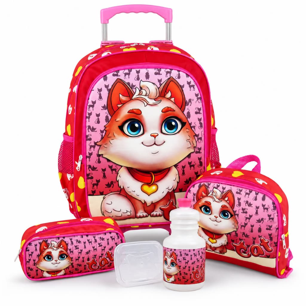 Kit Mochila Infantil De Rodinhas Gatinha Cat Com Lancheira Estojo E Garrafinha Escolar Feminina