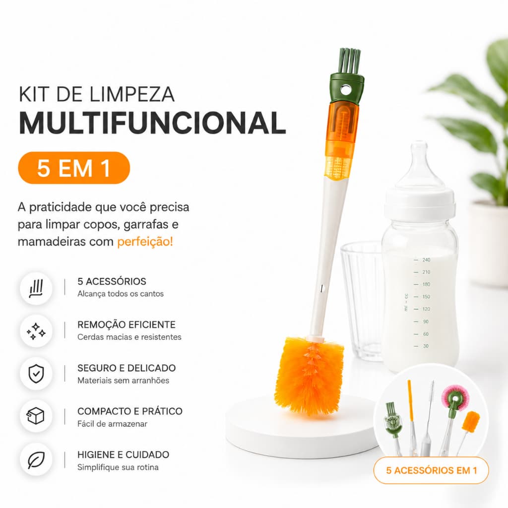 Escova 5 Em 1 Multifuncional Para Limpar Garrafas Copos Mamadeiras Canudos Escova De Limpeza Profunda