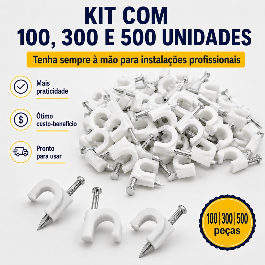 Grampo Fixa Fio 6mm Miguelo Cabo Coaxial Internet CFTV Com Prego 100 300 500 Unidades Instalação