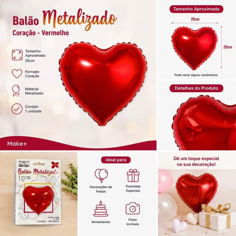 Balão Metalizado de Coração 25cm