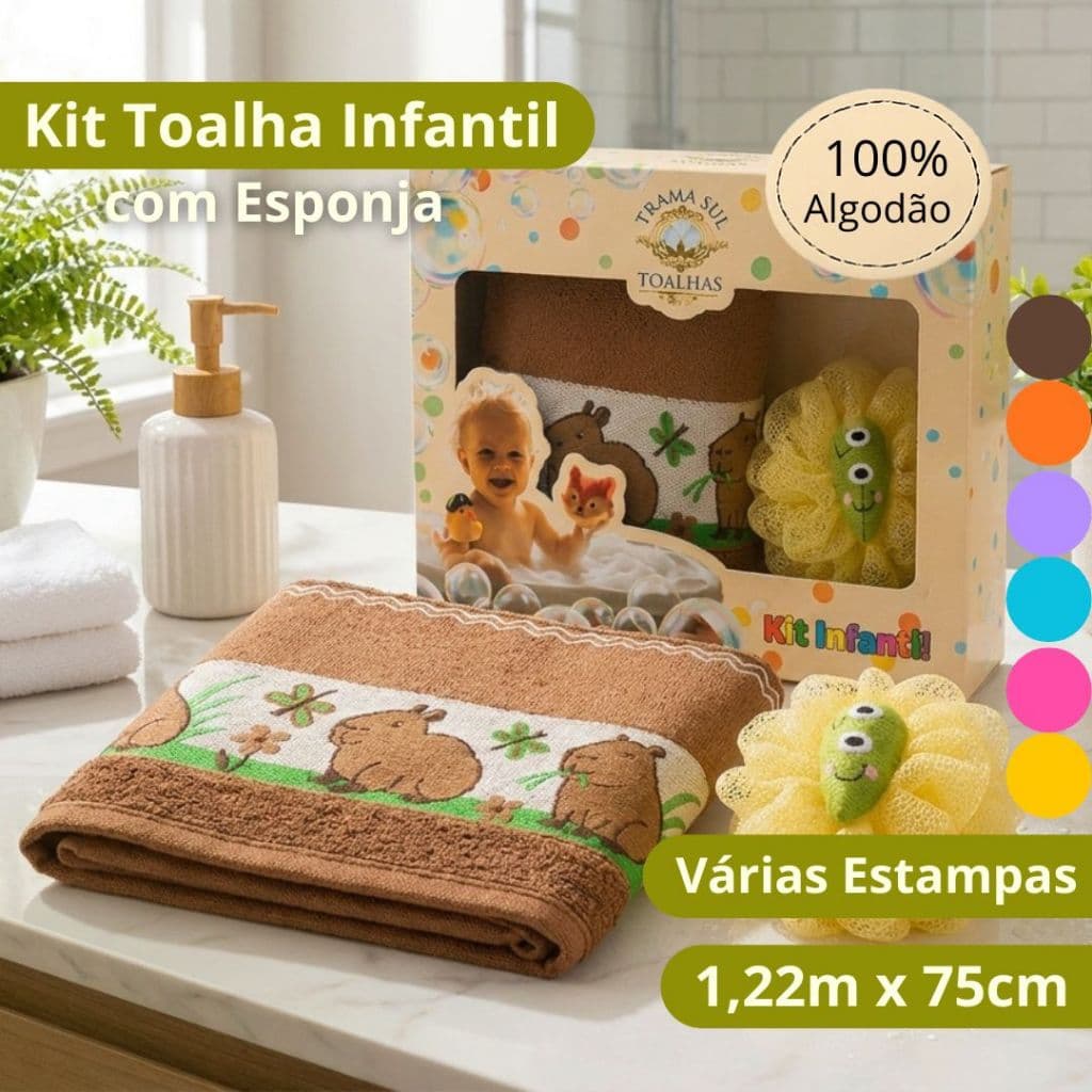 Kit Toalha de Banho Infantil 1,22m x 75cm 100% Algodão Com Esponja Toque Macio