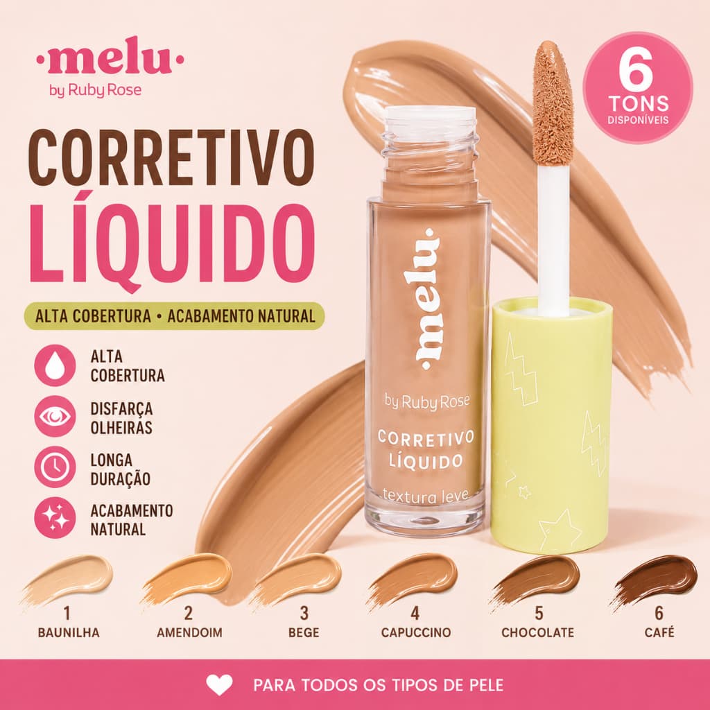 Corretivo Líquido Melu By Ruby Rose Alta Cobertura Longa Duração Disfarça Olheiras HB8104