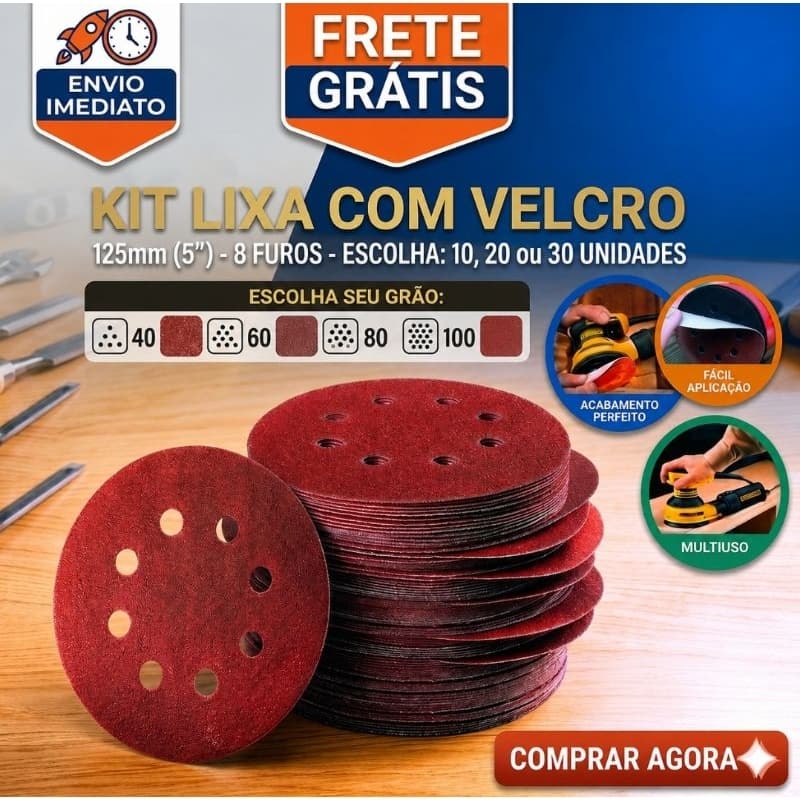 Kit Lixa Disco Circular Velcro para Madeira e Acabamento em Parede e Massa 125mm 5"Lixadeira Orbital 10 20 e 30 Unidades