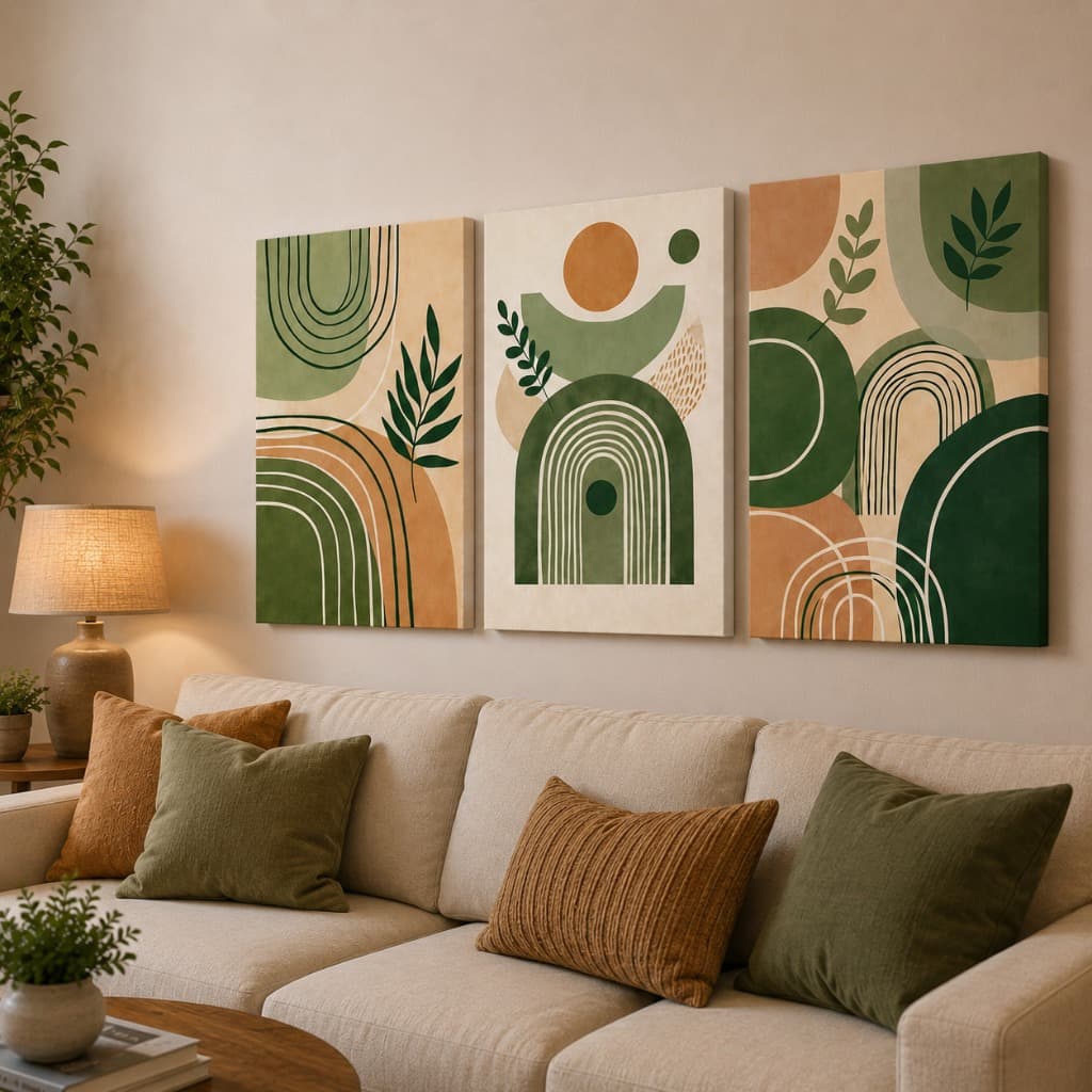 Kit 3 Quadros Decorativos Boho Verde Orgânico  Arte Geométrica Moderna para Sala