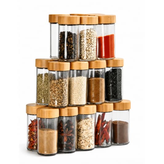 Kit 06 10 12 Potes Vidro Tampa Redondo Bambu Organizador Tempero Luxo Transparente Vidro Premium Cozinha Mantimentos