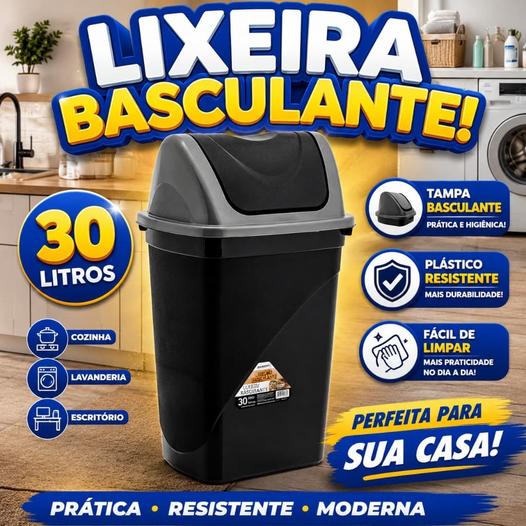 Lixeira Basculante Preta Tampa Prata Escritório Cozinha Banheiro Plástico Reforçado Cozinha Casa