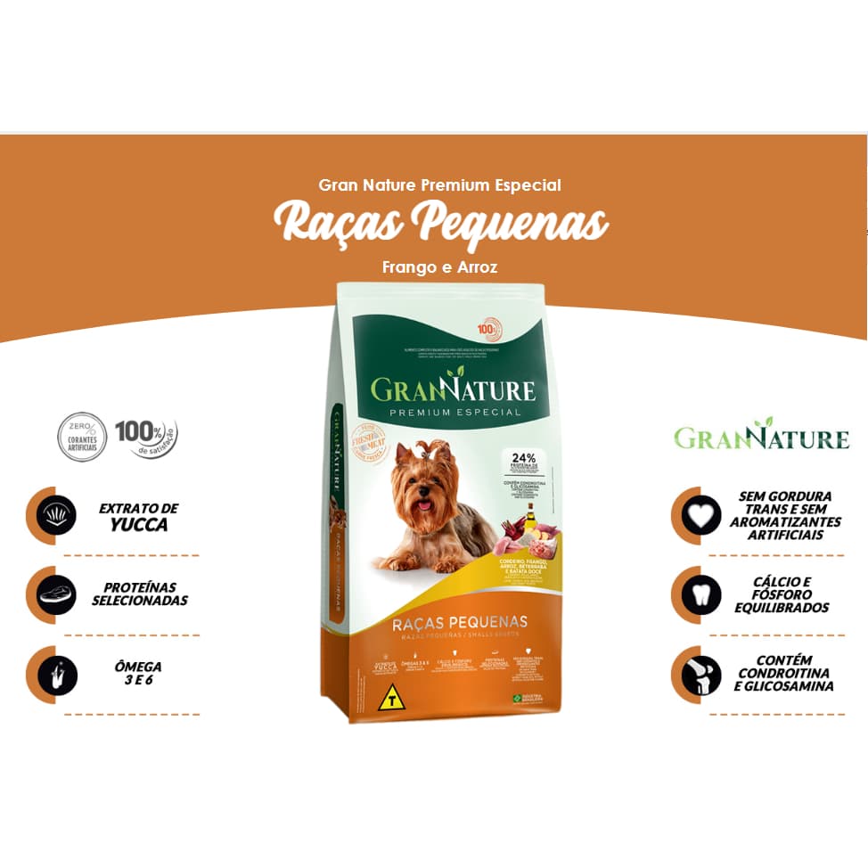 GRAN NATURE PREMIUM ESPECIAL RAÇAS PEQUENAS 10,1 KG - 24% de proteína - RAÇÃO SECA PARA CÃES ADULTOS