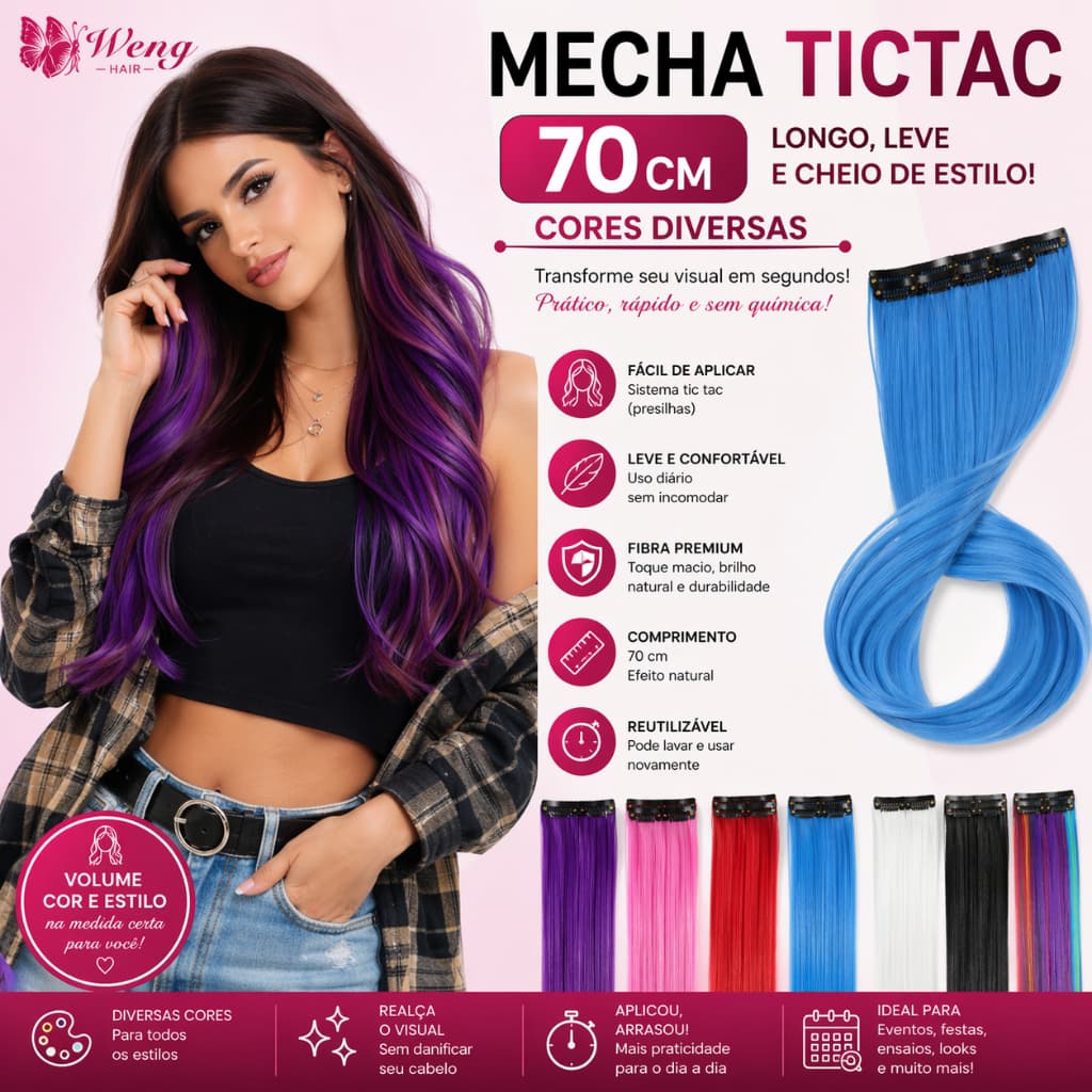 Mechas TicTac colorida rosa azul vermelho lilás roxo tic tac de fibra orgânica de 70 cm