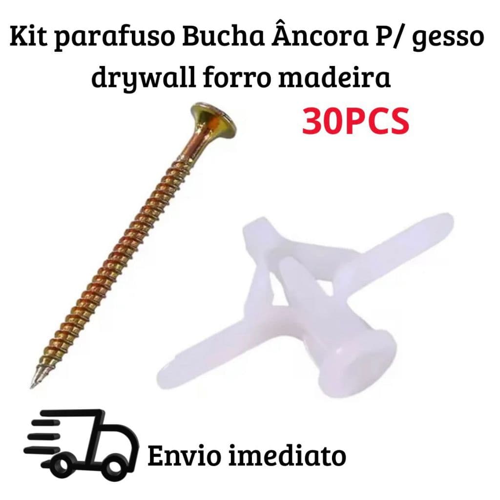 Kit Bucha e parafuso Âncora Drywall Gesso Forro Madeira Fixação Reforçada Parede Oca MDF 30pcs