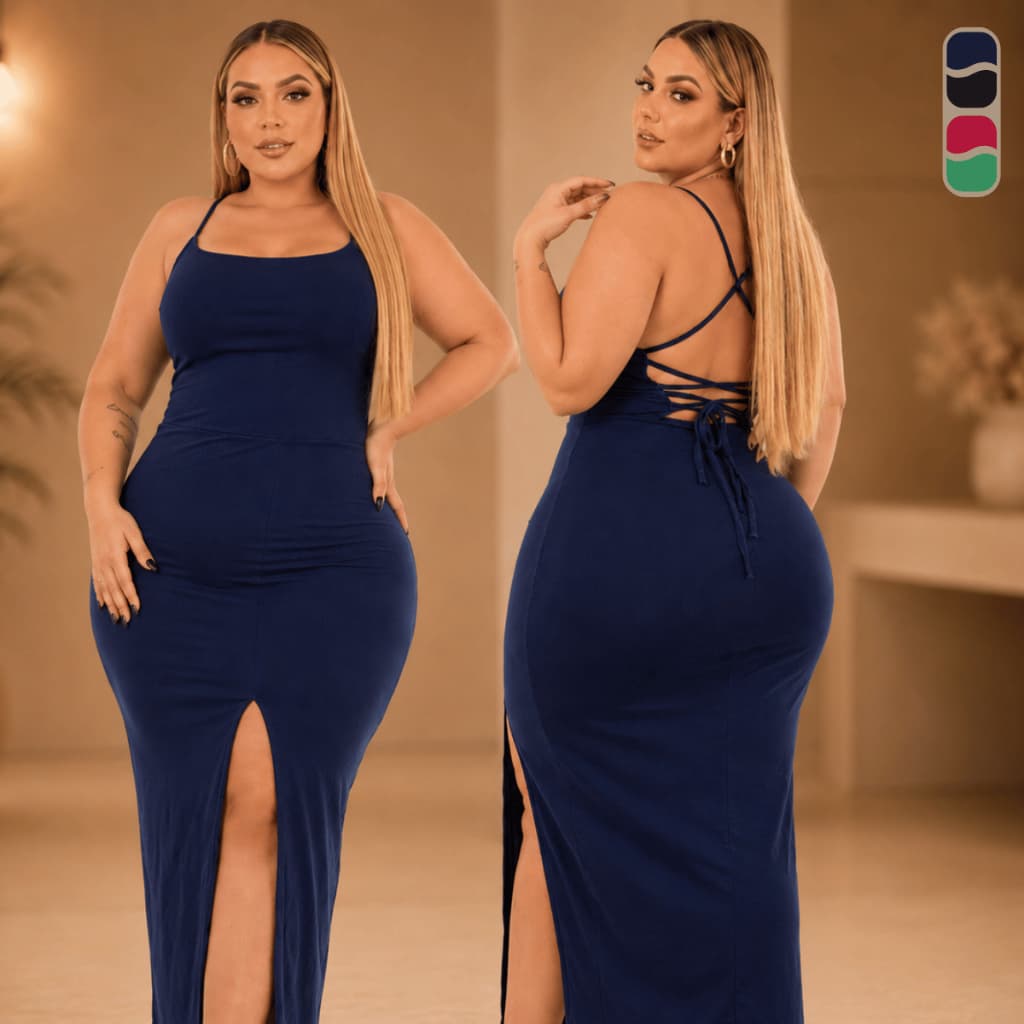 Vestido Feminino Plus Size Midi Alcinha Trançada Costas Fenda Frontal Elegante Premium