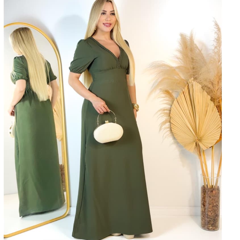 VESTIDO LONGO FEMENINA MANGA CURTA GOLA V