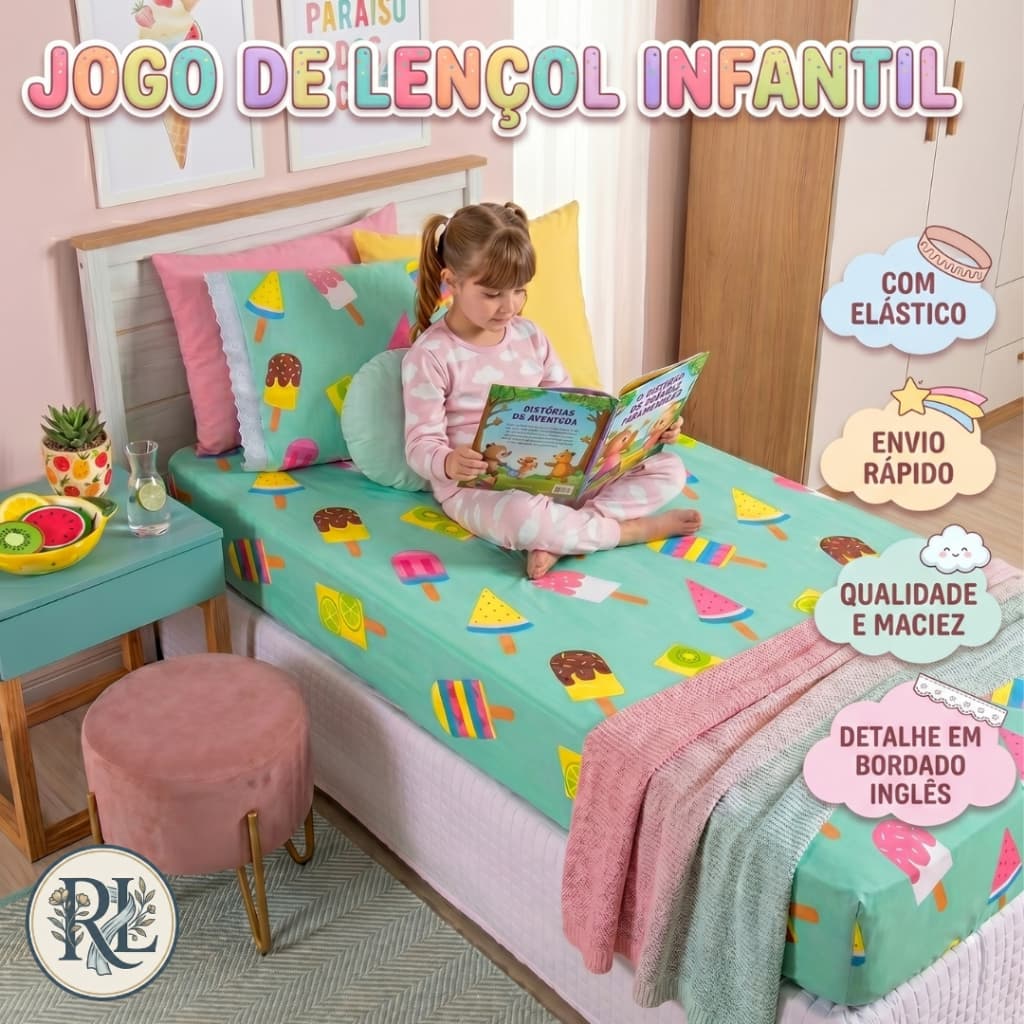 Jogo de Lençol Solteiro infantil 2 Peças Cama Simples com Fronha e Lençol Virol Com Elástico Tecido Macio Estampado Kids
