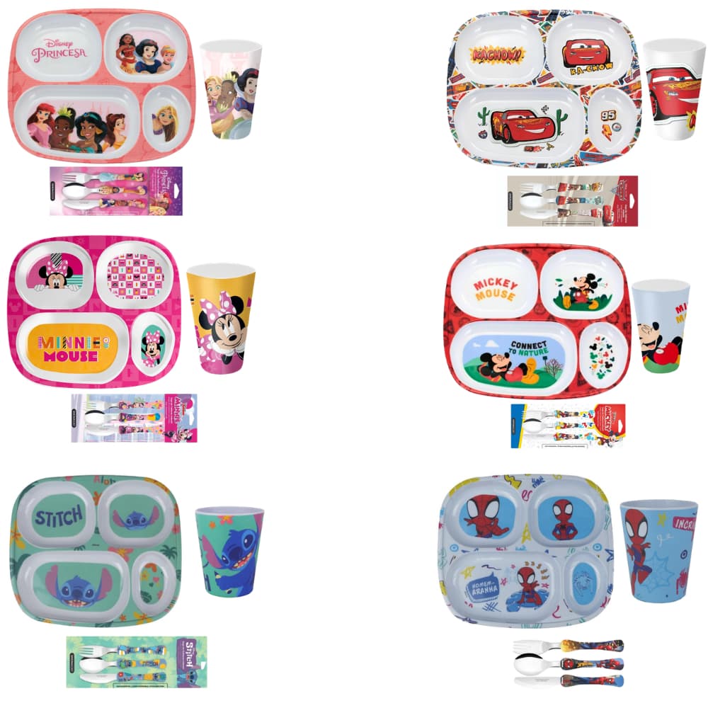 Kit Infantil Personagens 3 Peças | Prato com Divisórias, Talheres e Copo