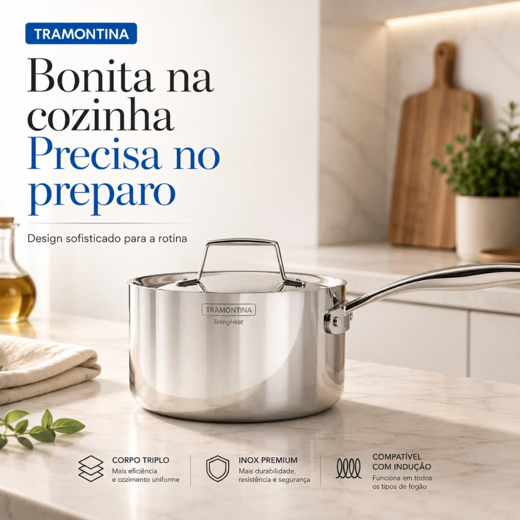 Panela Tramontina Grano Inox Premium 20cm 3,1L Corpo Triplo Indução Tampa