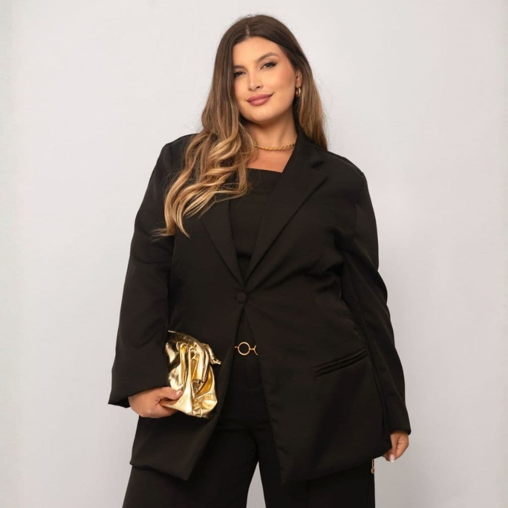 Blazer Feminino Plus Size Alfaiataria Com Botão Único Alongado Acinturado Elegante Premium Social