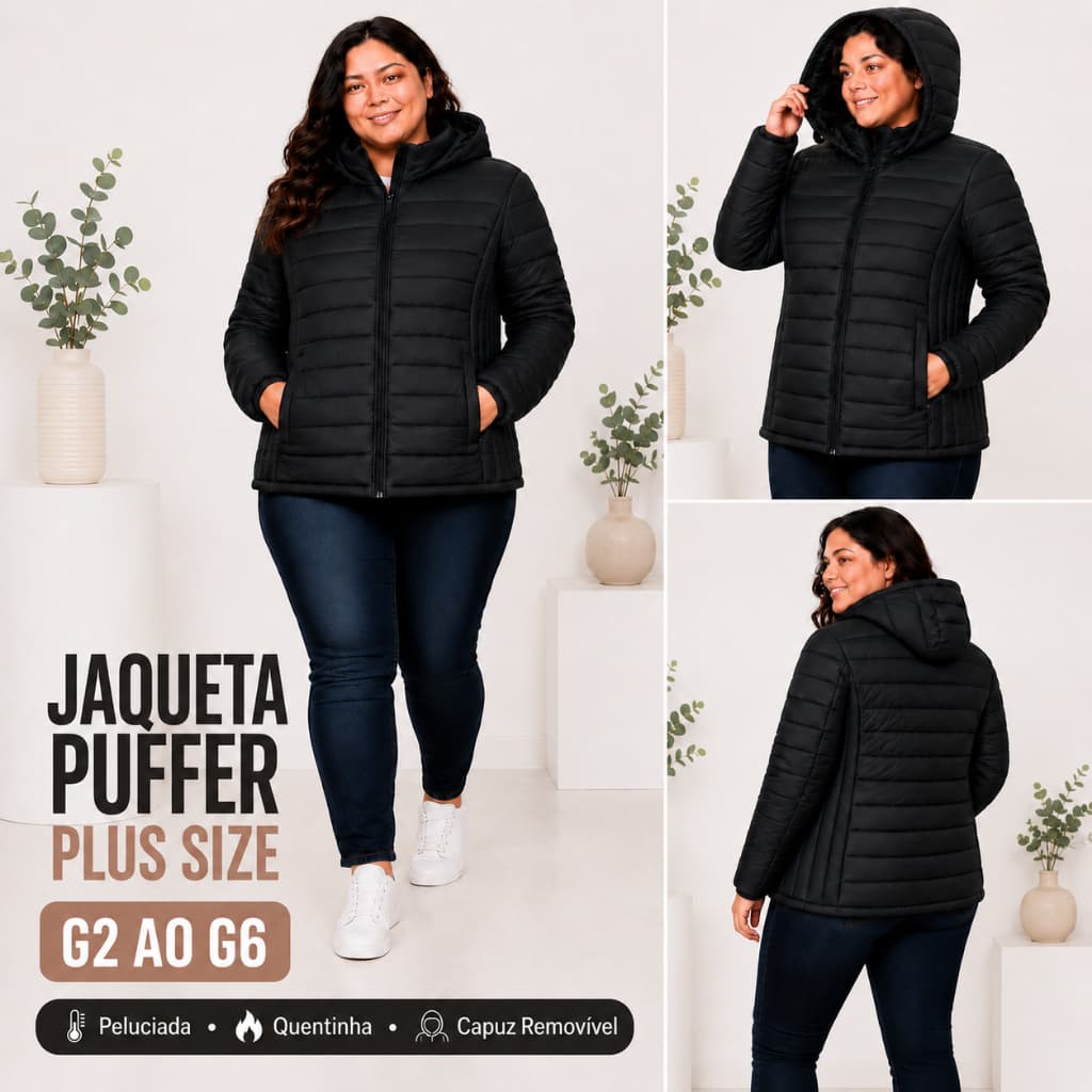 Jaqueta Puffer Plus Size Feminina Bobojaco Peluciada Quentinha com Capuz Removível Inverno Premium G2 G3 G4 G5 G6