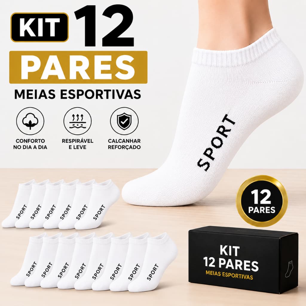 Kit até 12 pares de maia soquete na cor branca numeração de 39 a 46