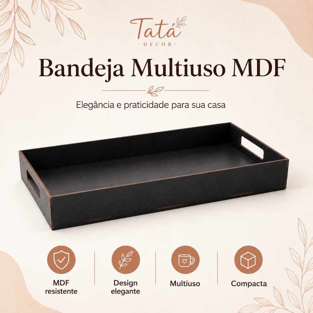 Bandeja Decorativa MDF Preta com Alças Multiuso Organizadora para Sala Mesa e Lavabo