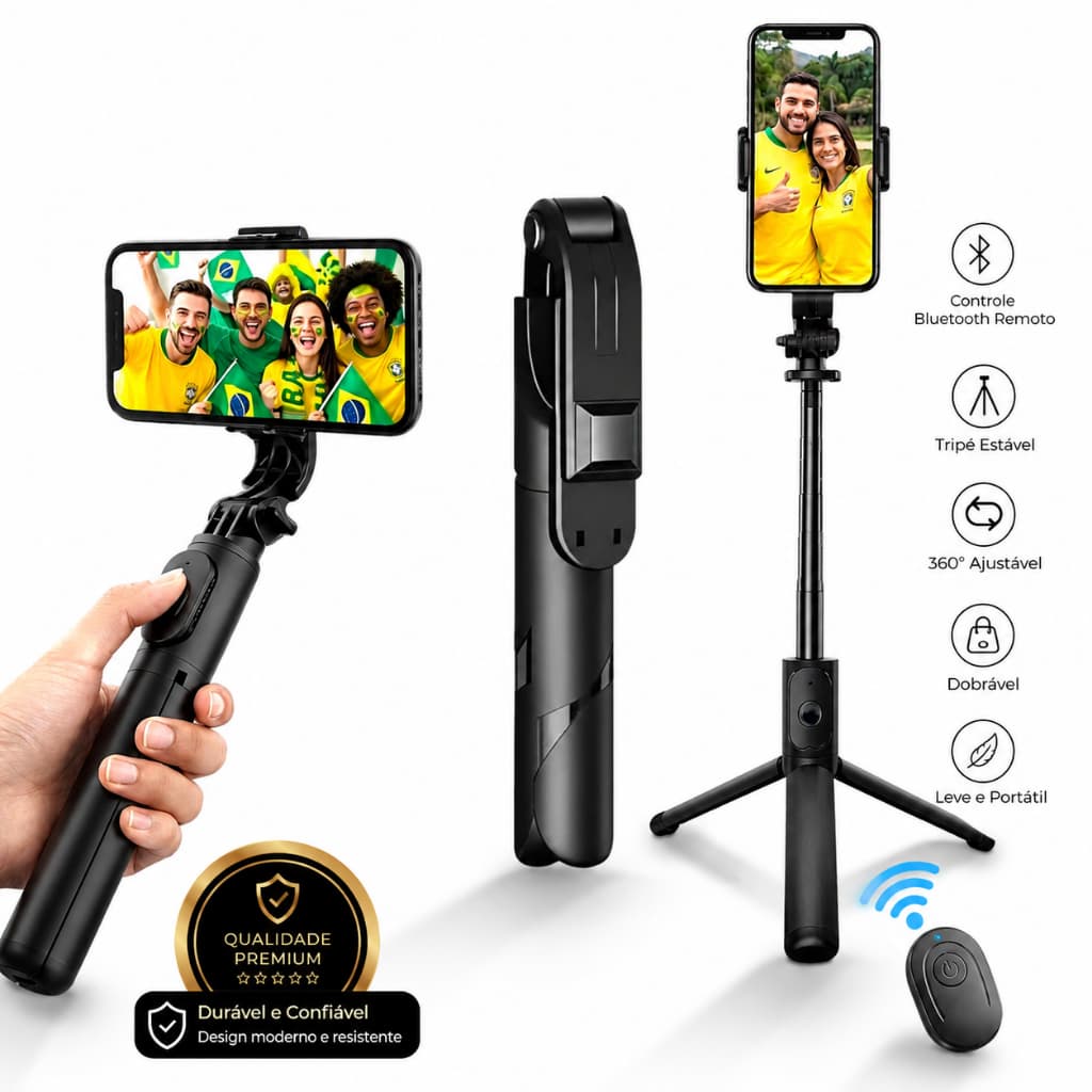 STAND Bastão Pau de Selfie Retrátil XT-02 - Com Tripé + Controle Bluetooth Original do Brasil NOVO! Envio Imediato.