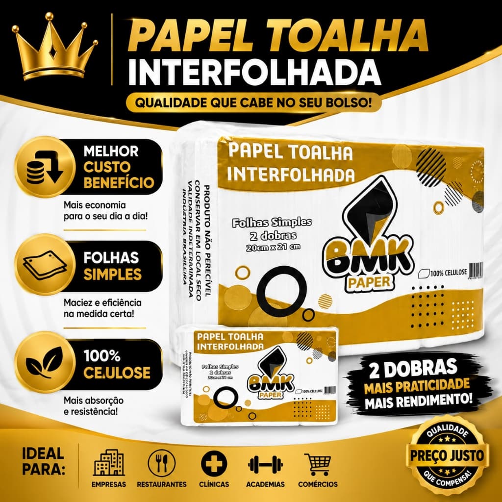 Papel Toalha Interfolha 100% Celulose 5000 Folhas 2 Dobras Alta Absorção BMK Paper