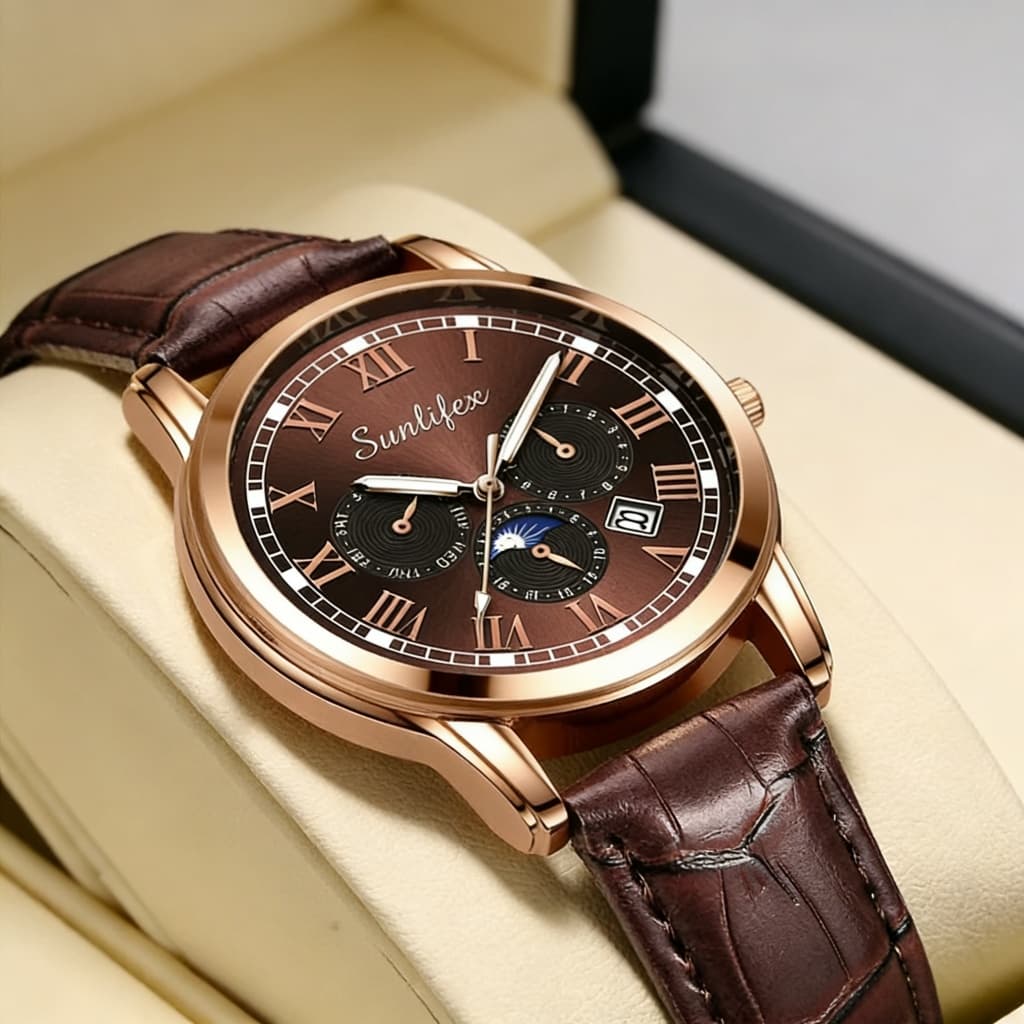 Relógio Masculino Quartzo de Couro Legítimo 7003 Luxo Executive À Prova D'Água Vidro Temperado Calendário Luz Noturna