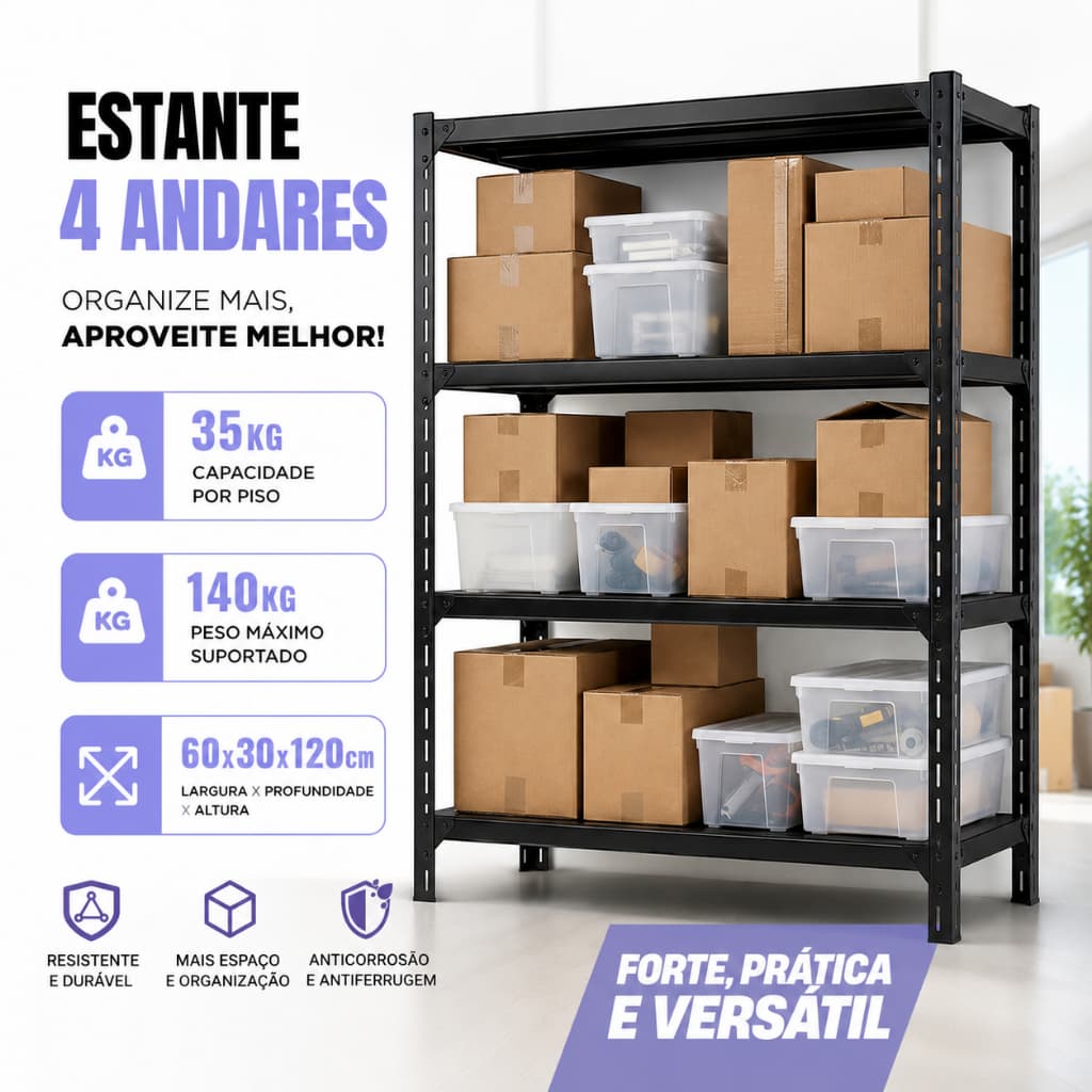 Prateleira Aço Reforçada 4 Andares 60x30x120cm Carga Máxima 140kg