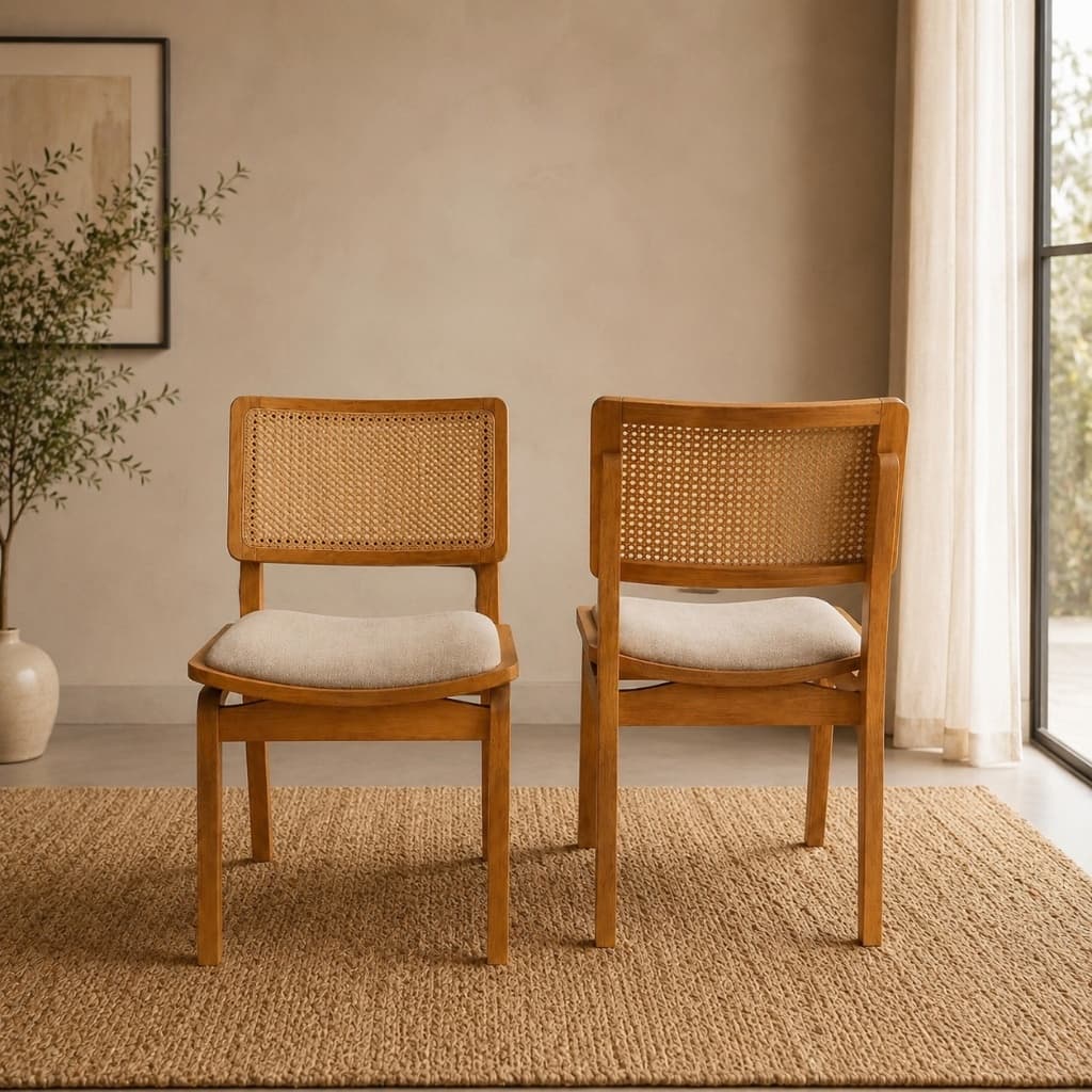 Kit 2 Cadeiras Em Madeira Maciça Resistente Estofado Linho Moderno Premium Encosto Tela Rattan