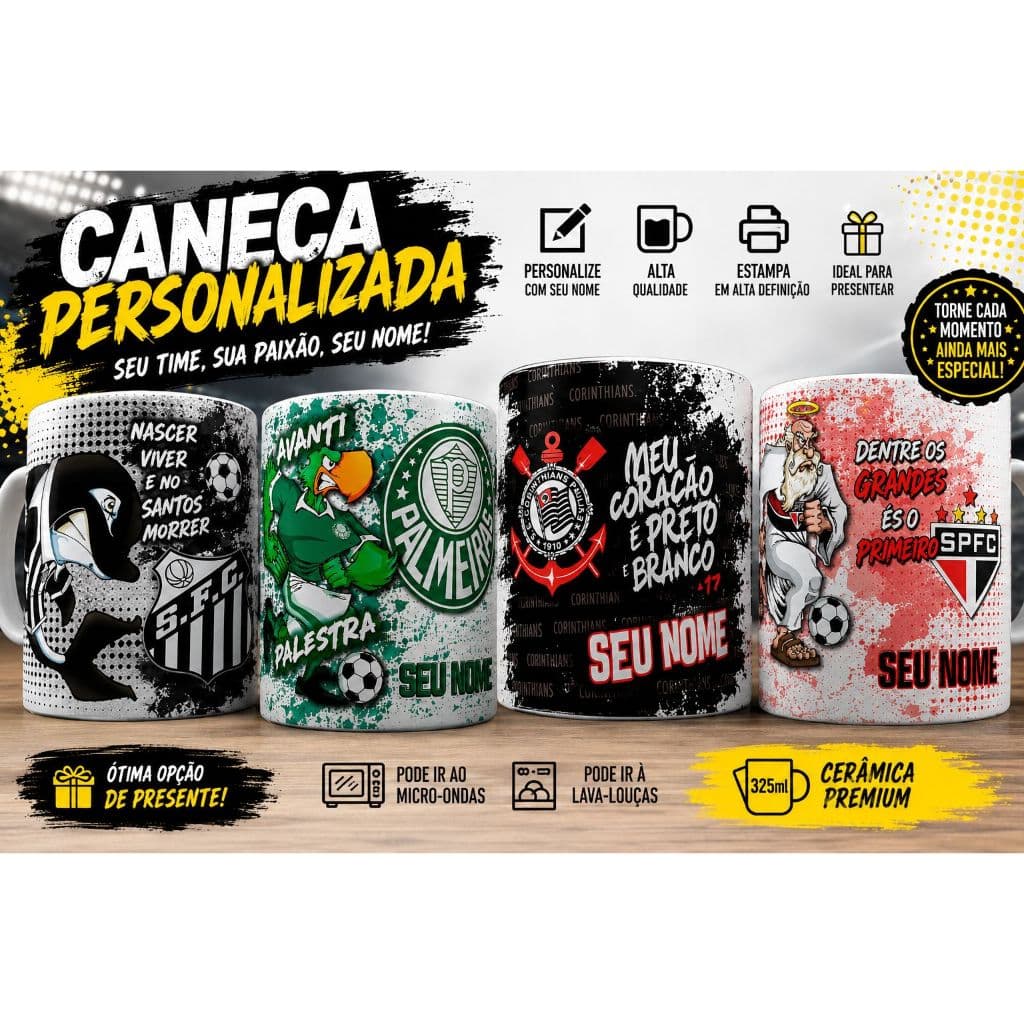 Caneca Personalizada Porcelana Cerâmica Times do Coração Futebol Com seu Nome Uso Exclusivo Pai Mãe Amigo Namorados