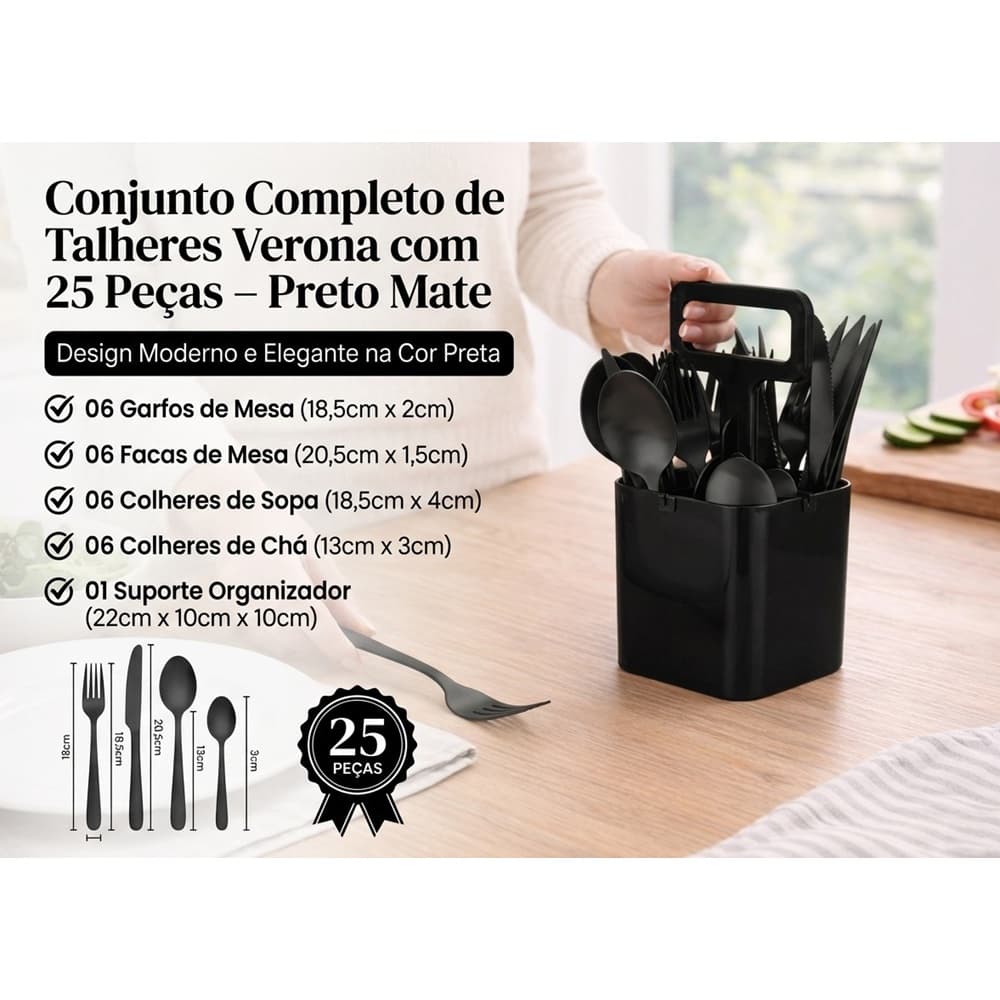 Conjunto de Talheres Verona 25 Peças Preto com Suporte Organizador em Inox e Plástico