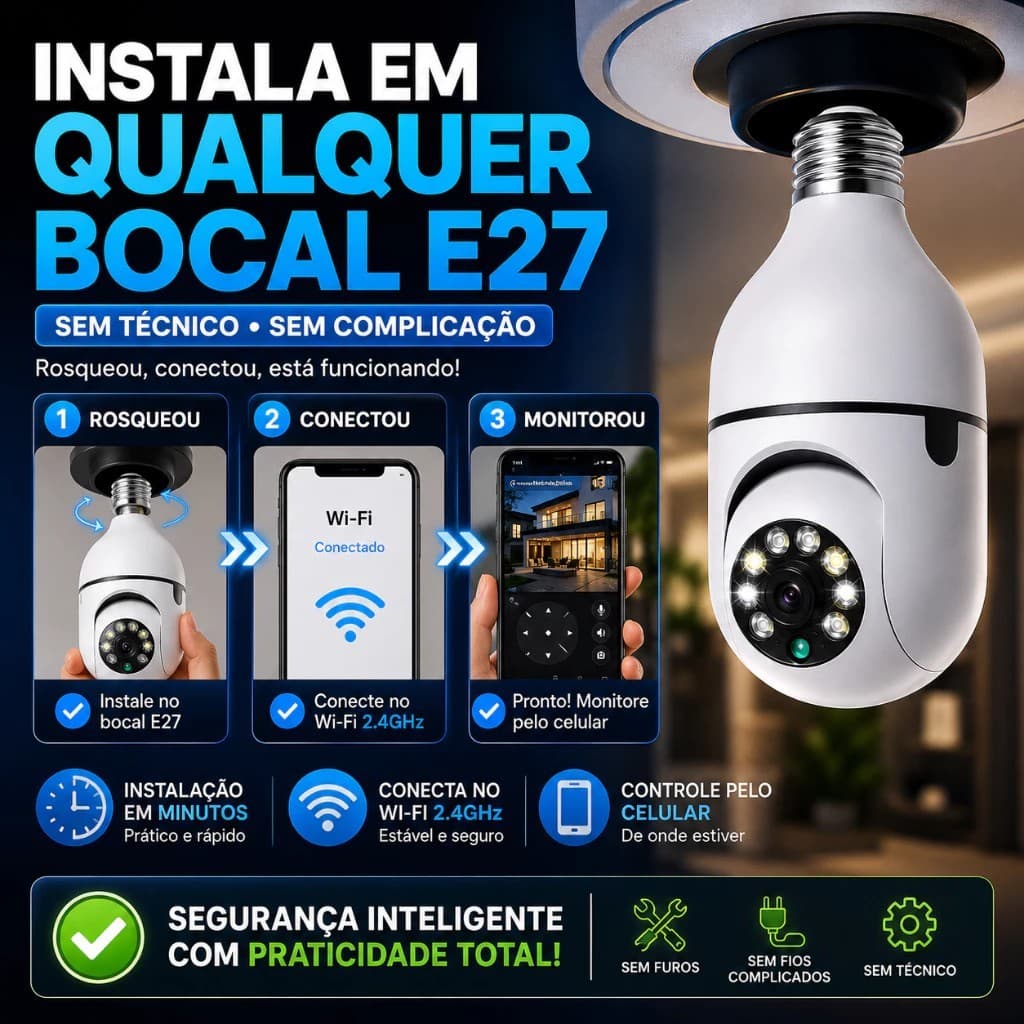 Câmera Lâmpada WiFi 360° Full HD Visão Noturna IP Segurança PTZ Áudio App Android iPhone